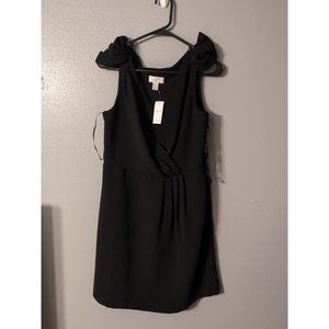 Ann Taylor Petites Loft Bow Shoulder V Neck Pleated Black Dress Size 12P